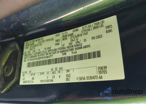 2015 Ford F-150 Xlt из США, поврежденный, VIN 1FTEW1EG5FKF04377